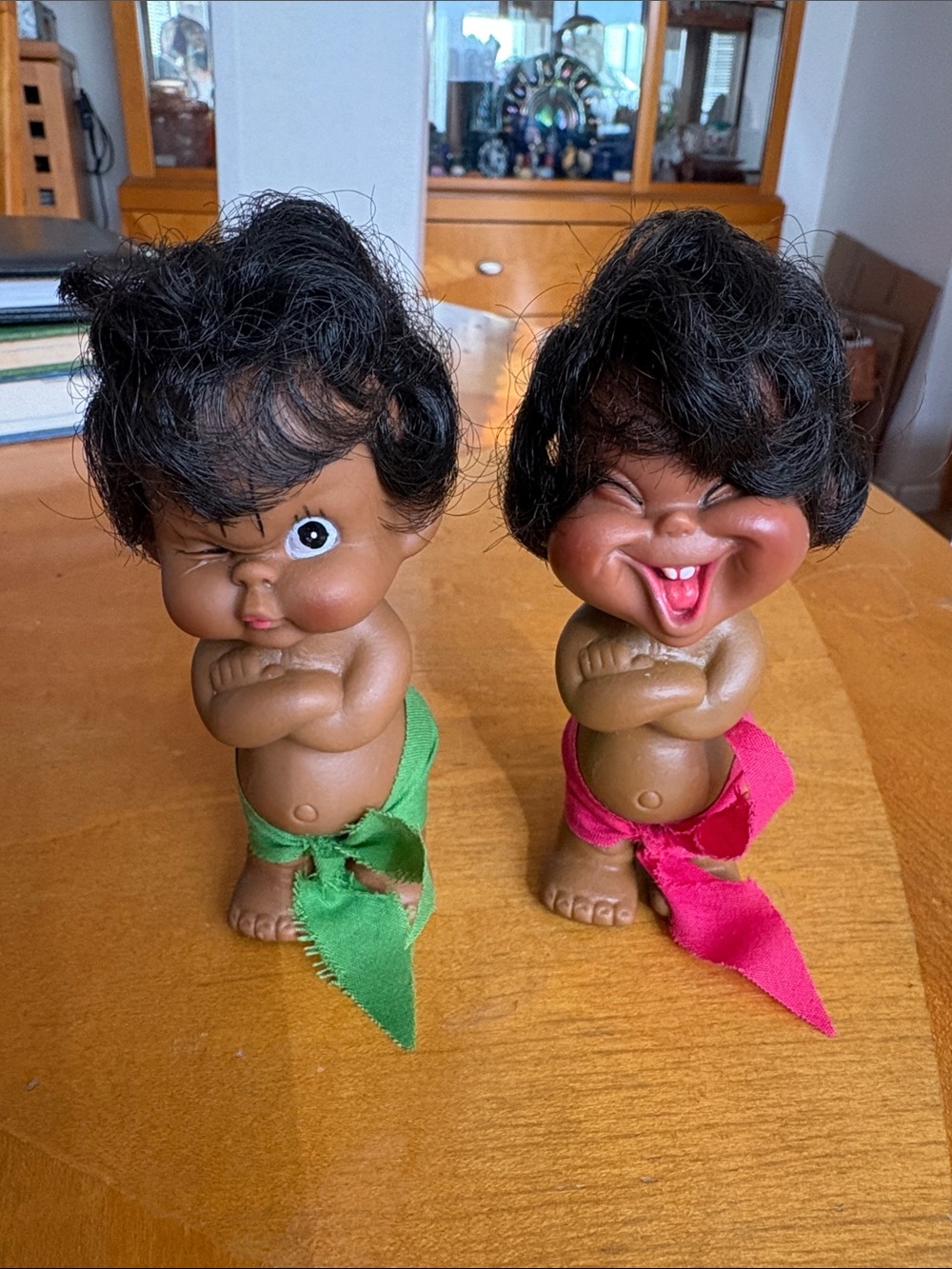 Pair of Vintage Masoom Jungle Brown Skin Kids Dolls with Green and Pink Wraps
